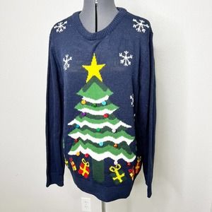 Rue 21 Navy Blue Ugly Christmas Sweater Tree Bells Pom Pom Large